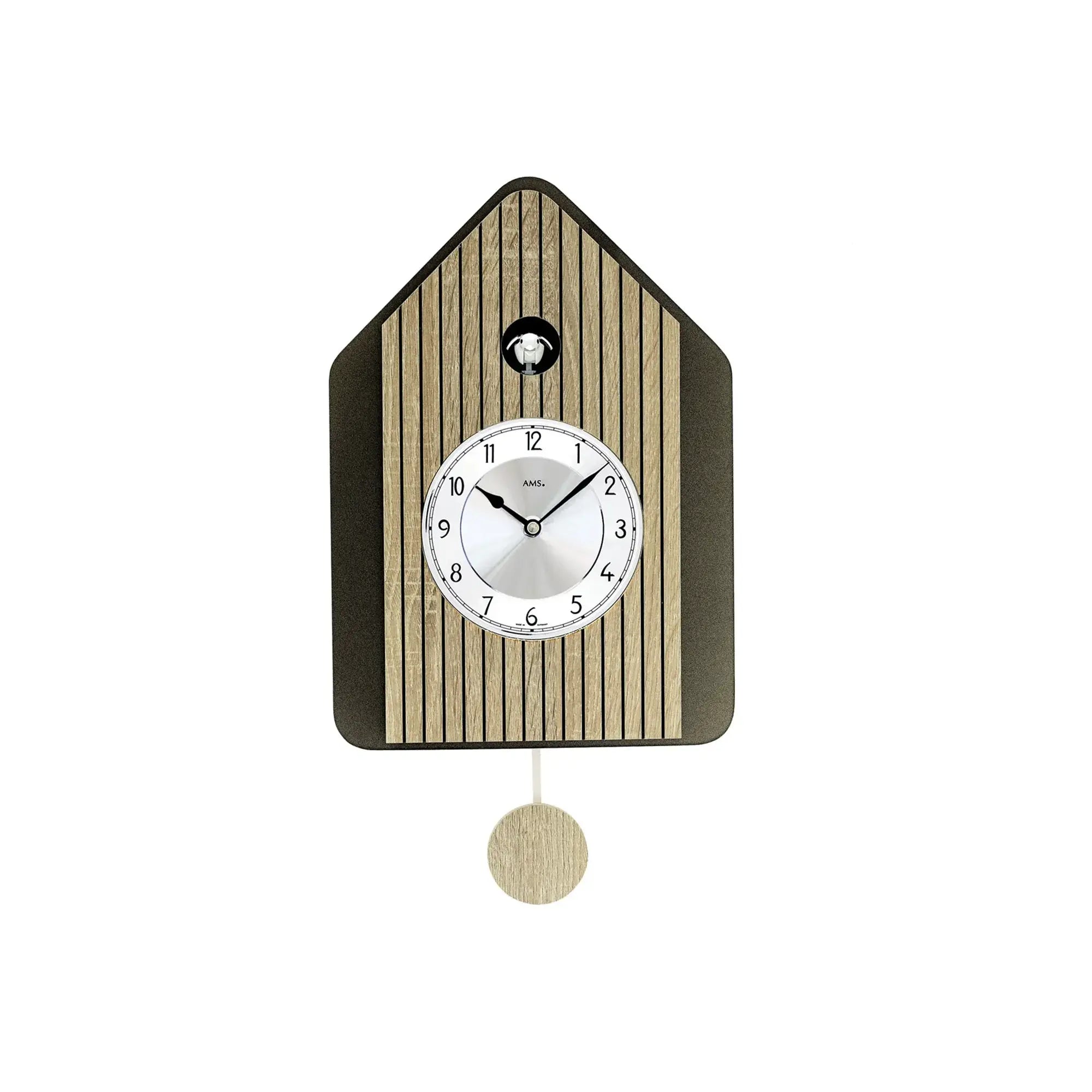 Wanduhr im Hausdesign in Sonoma mit Pendel, rundem Ziffernblatt und Details oben