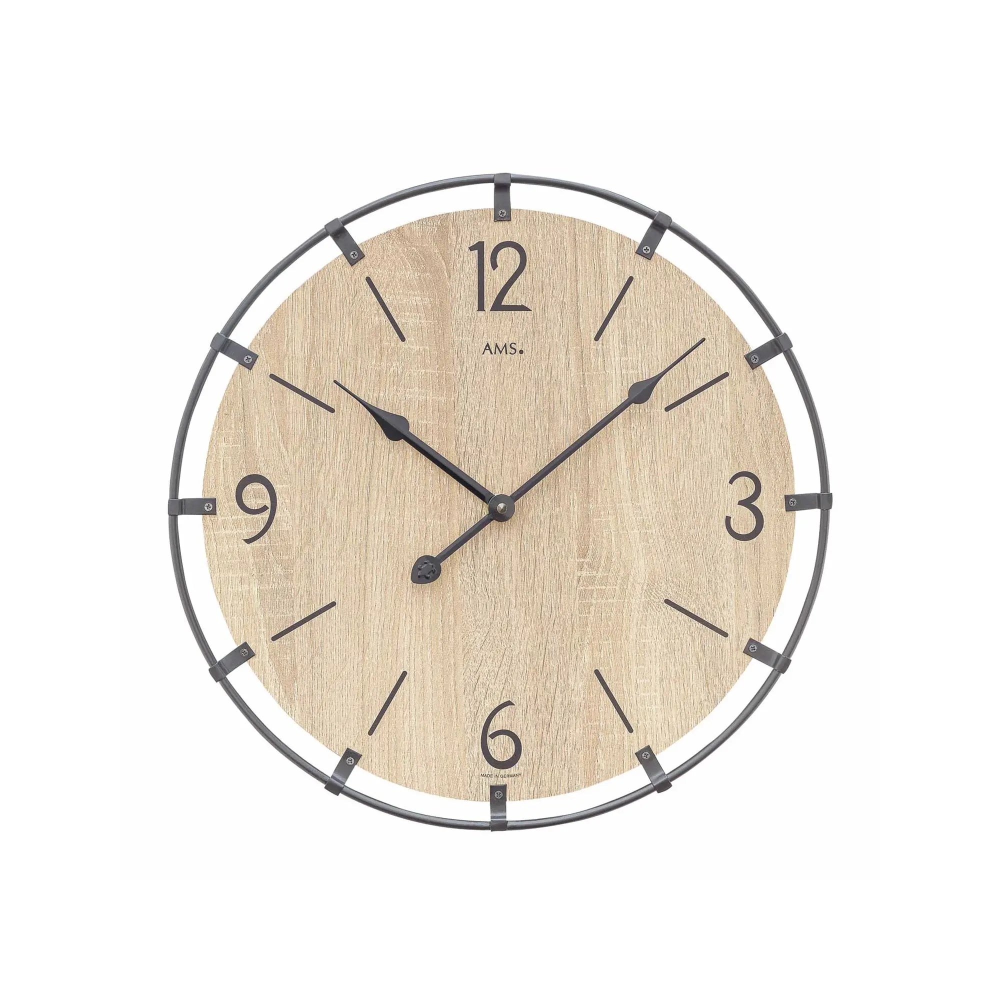 Wanduhr mit Holz-Zifferblatt (Sonoma), Metallring und schwarzen Zeigern, rund