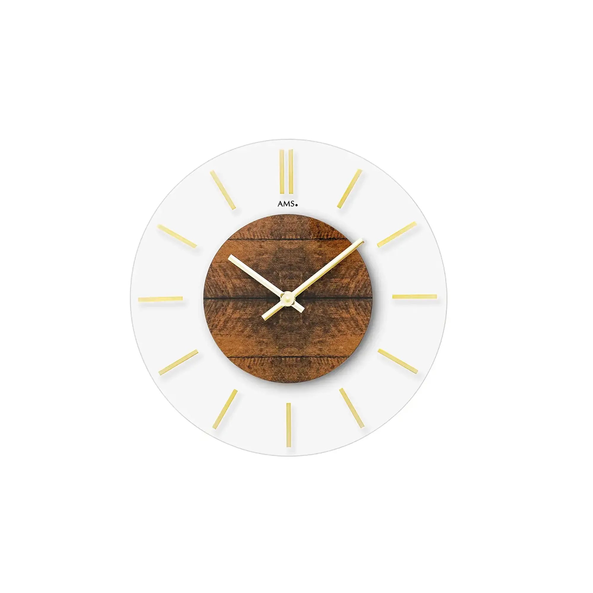 AMS Wanduhr mit rundem weißem Gehäuse, Holz-Zifferblatt und goldenen Zeigern