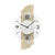 Wanduhr mit weißem Zifferblatt, schwarzen Zeigern und AMS-Logo; Holzdekor mit Glas