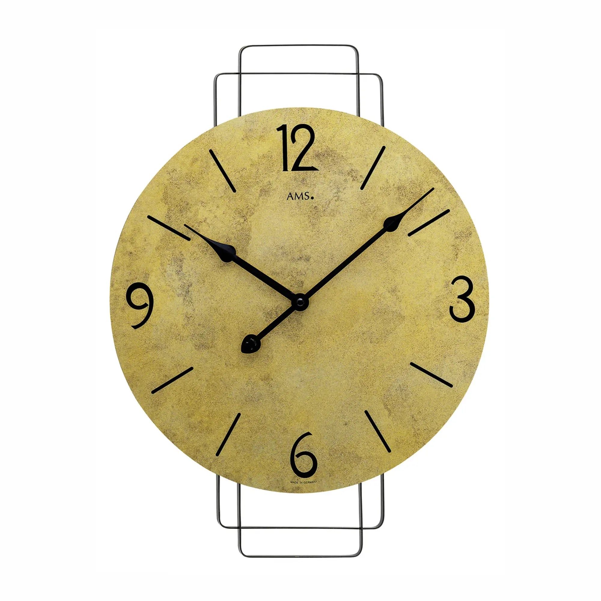 AMS Quarz-Wanduhr mit gelbem Vintage-Zifferblatt, schwarzen Zeigern und Metallgehäuse