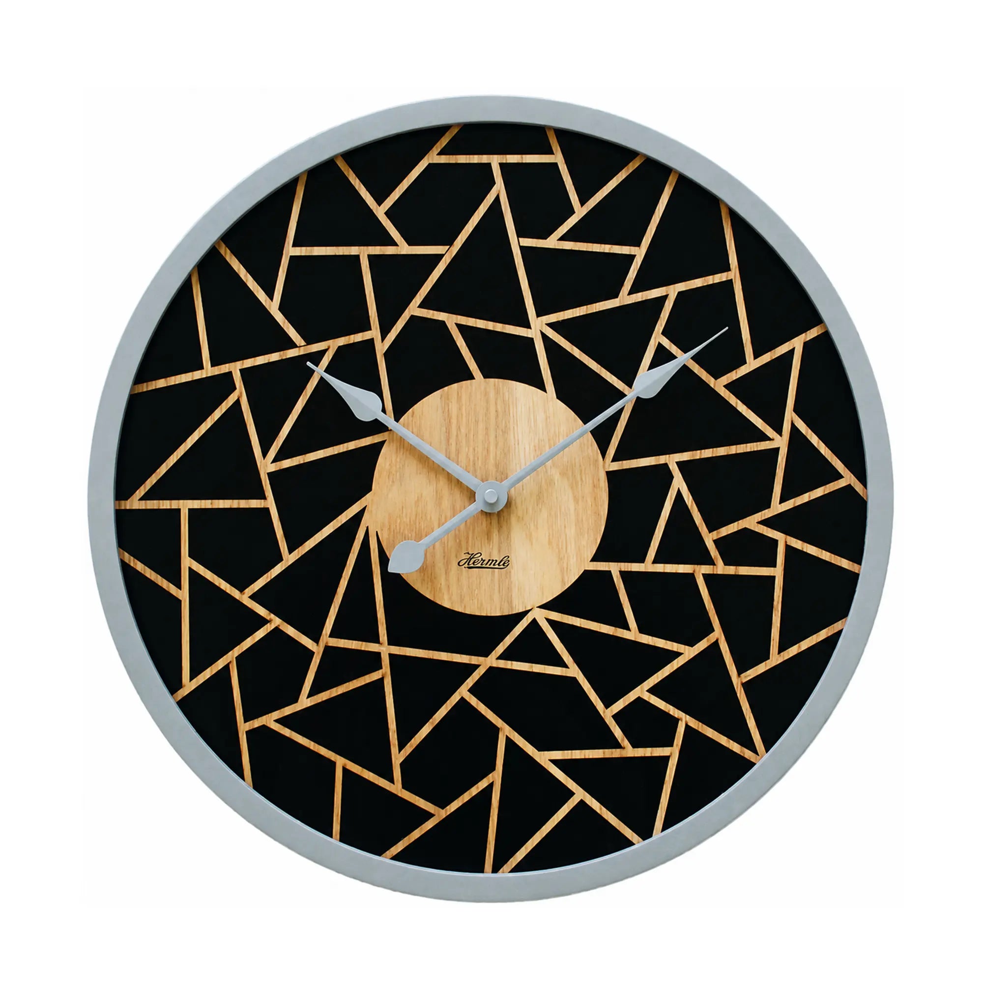 Horloge murale ronde avec cadran en bois, motif noir et lignes dorées, aiguilles