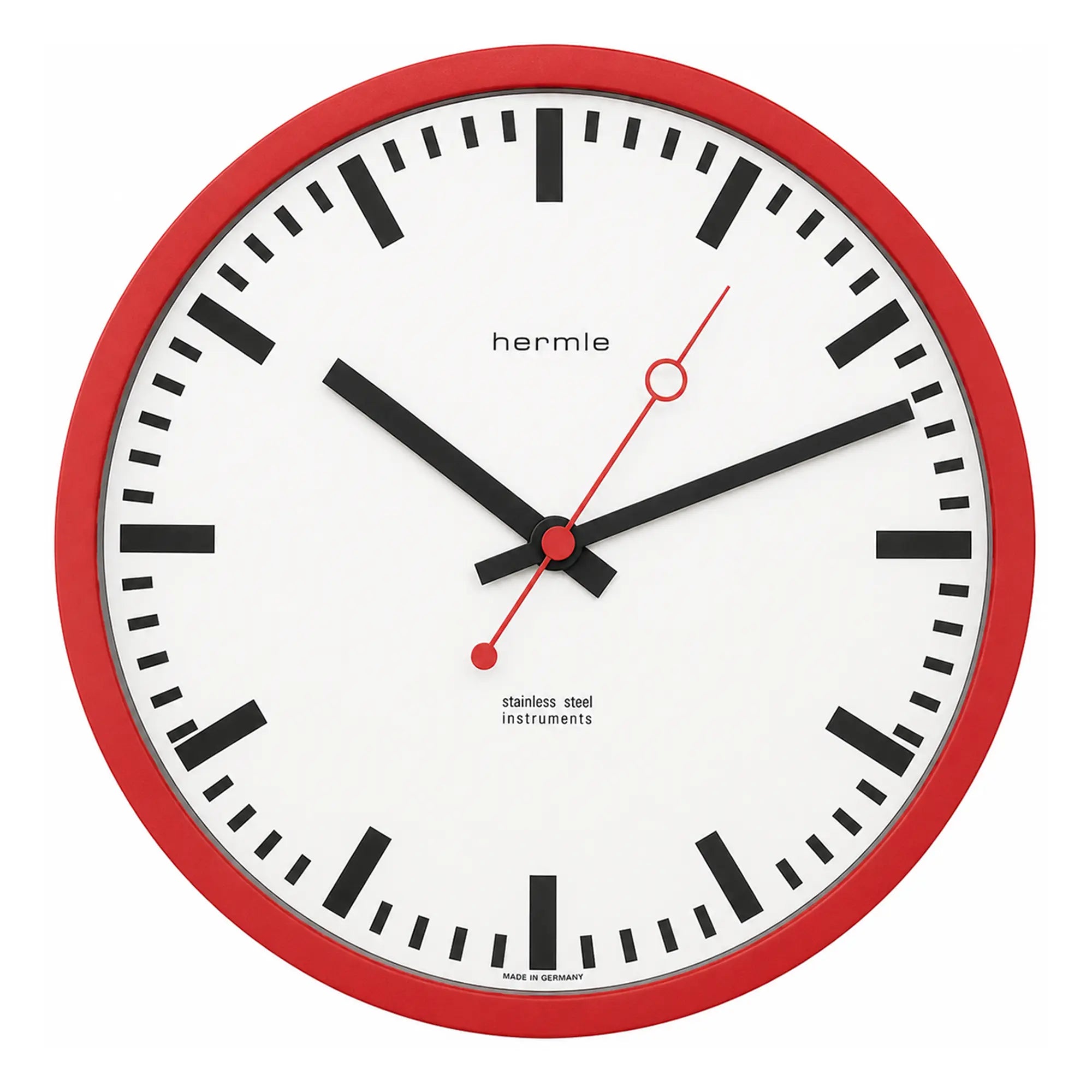 Horloge murale avec bordure rouge, cadran blanc et aiguilles noires, accents de seconde rouges