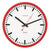 Horloge murale avec bordure rouge, cadran blanc et aiguilles noires, accents de seconde rouges