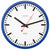 Horloge murale radio-pilotée avec cadre bleu, cadran blanc, aiguilles rouges et index noirs