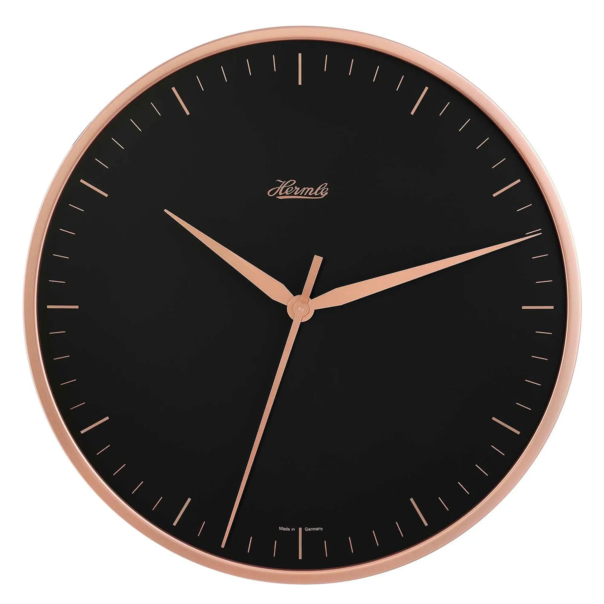 Horloge murale Hermle avec cadran noir, aiguilles or rose et bordure en métal