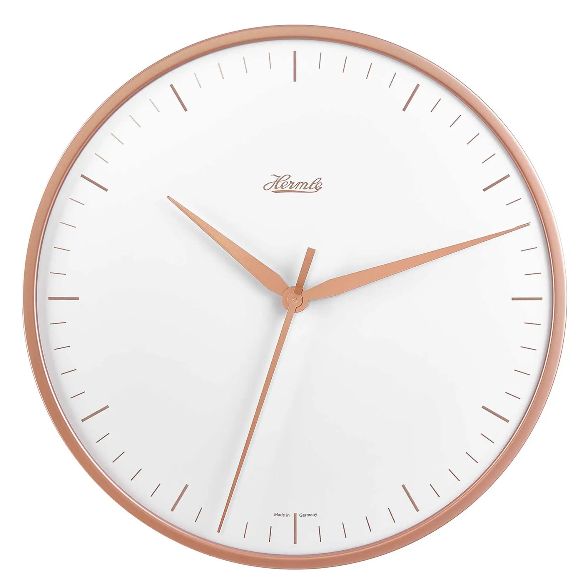 Wanduhr mit rundem Metallrahmen in Roséton und weißem Zifferblatt, drei Zeiger