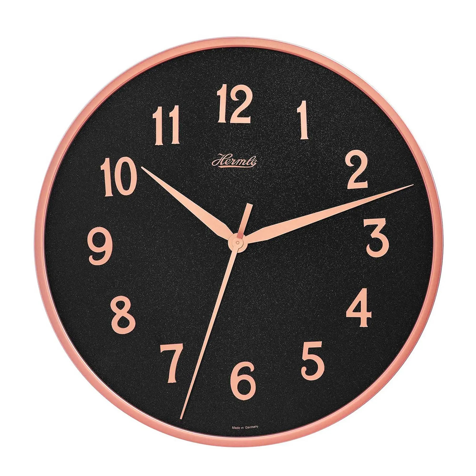 Horloge murale ronde avec cadran noir, bordure or rose et chiffres romains