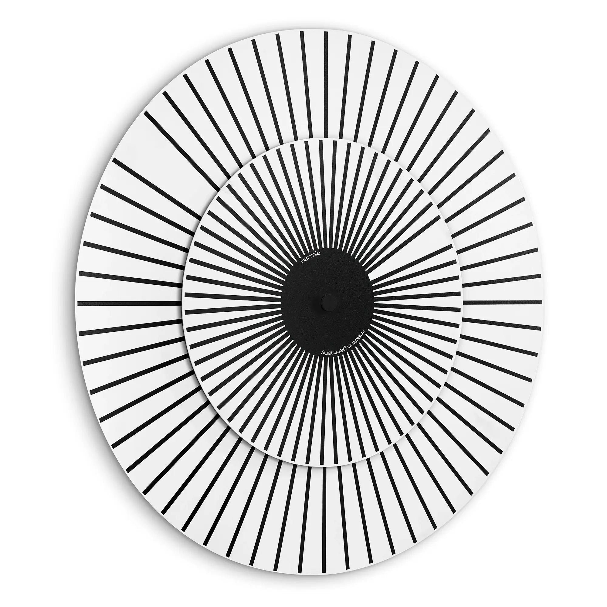 Table de chevet ronde avec bord argenté, cadran blanc et index noirs.