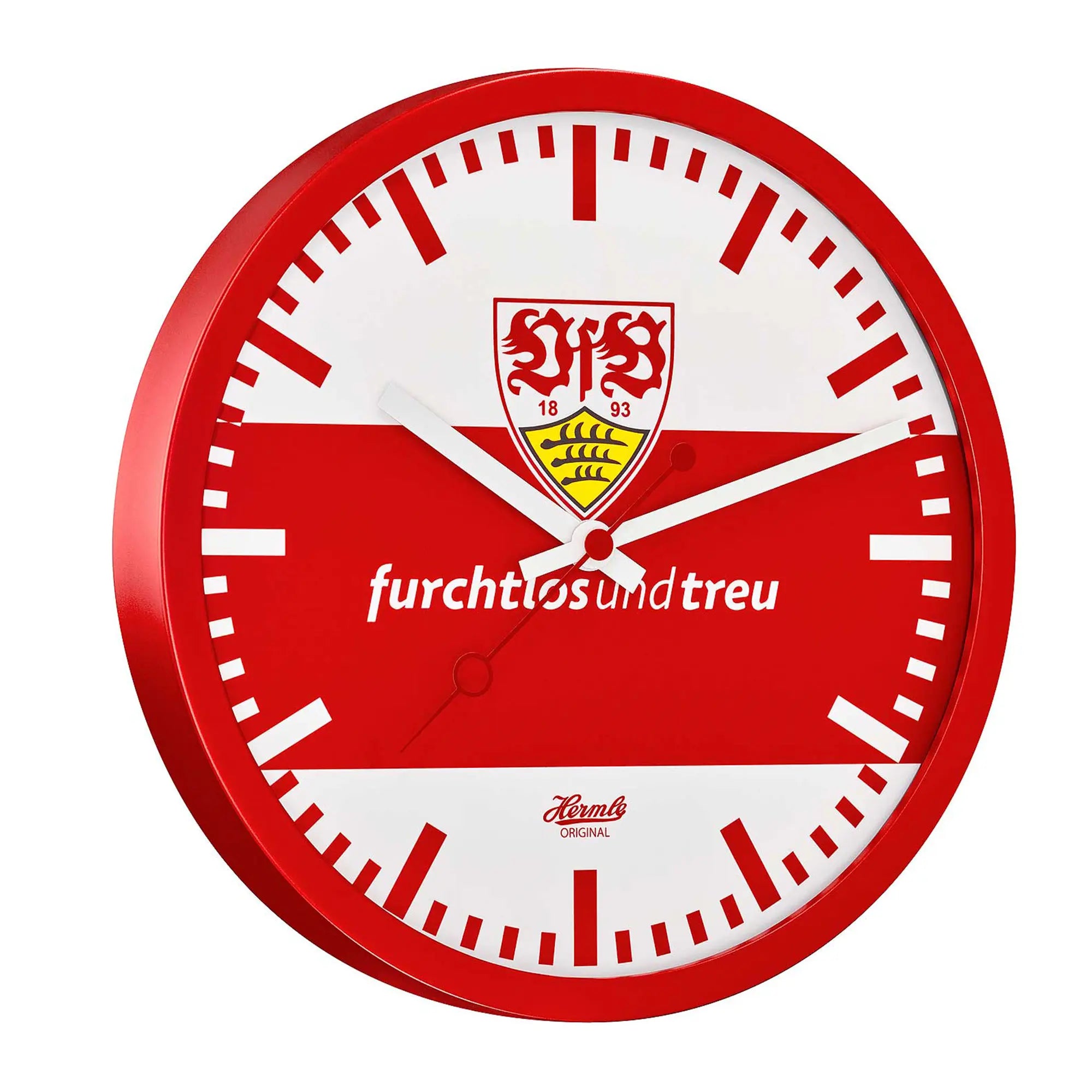 Horloge murale ronde avec cadre rouge, cadran blanc, emblème du VfB et aiguilles argentées