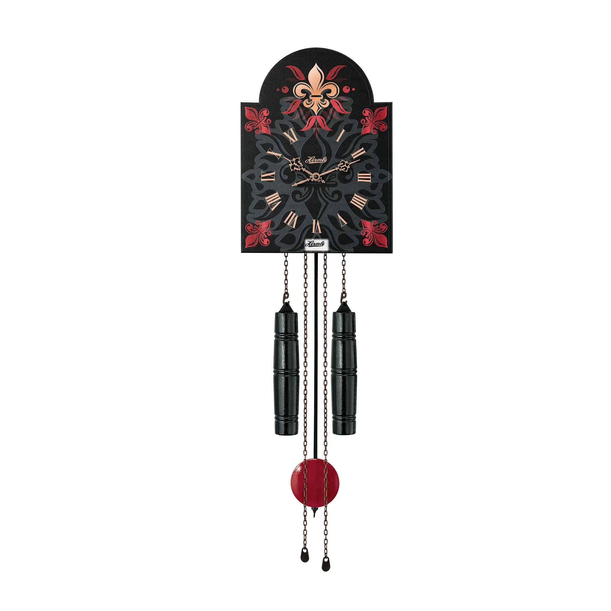 Horloge murale avec cadran noir et ornements rouges, deux pendules cylindriques noirs et chaînes