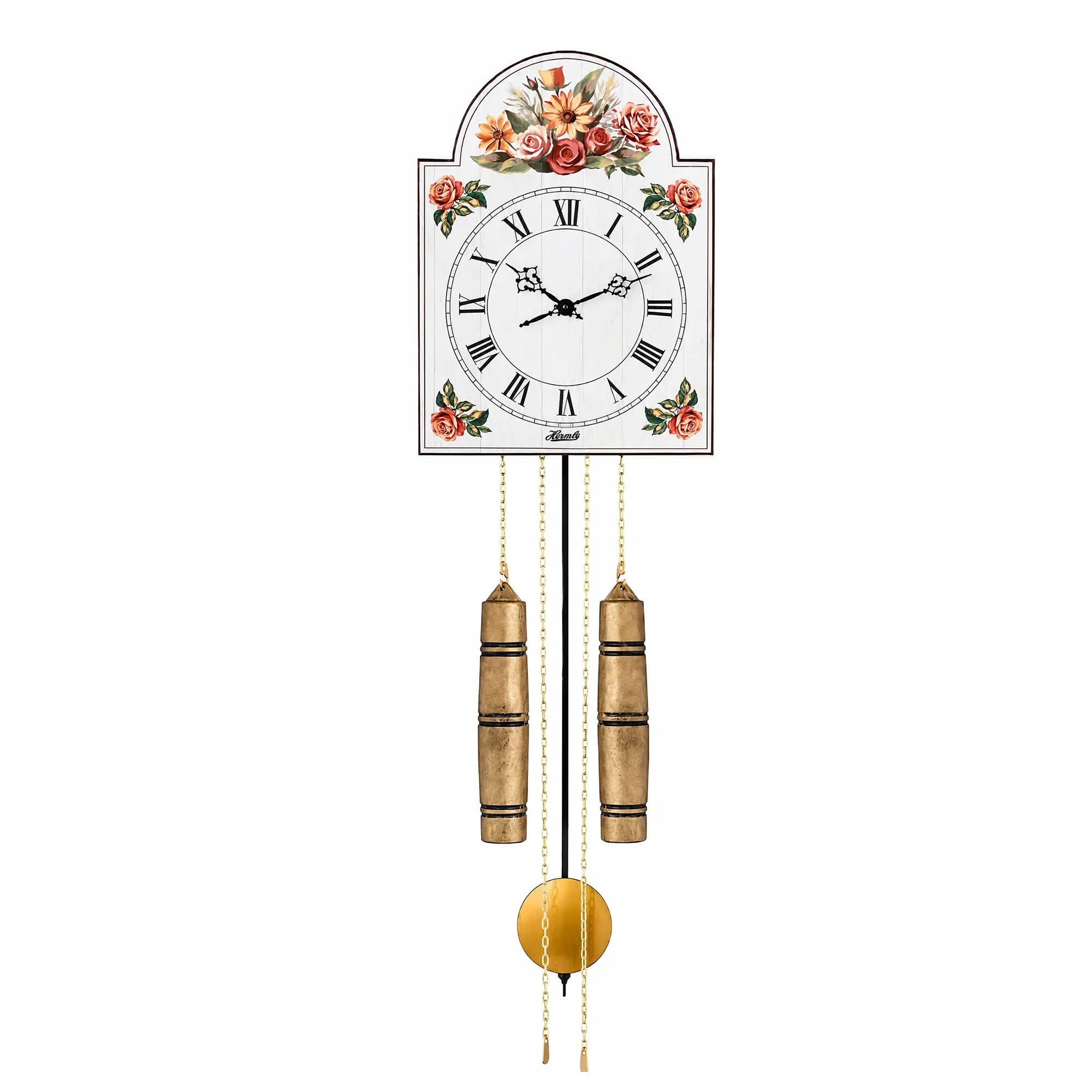 Horloge murale avec décor floral, cadran romain et poids de balancier dorés