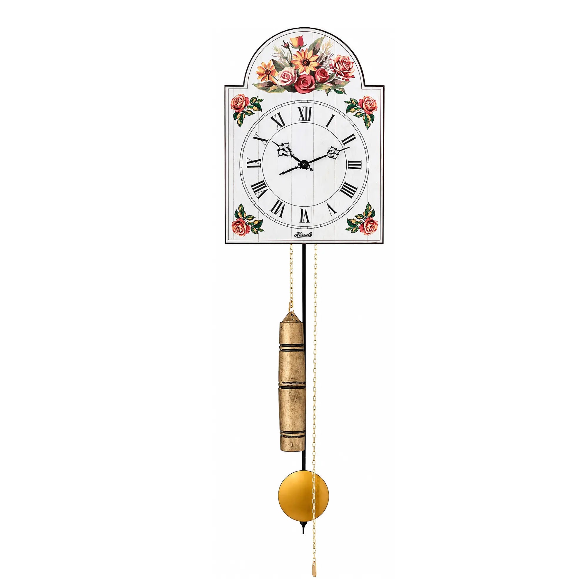 Horloge murale avec cadran fleuri, boîtier en bois et poids de pendule doré