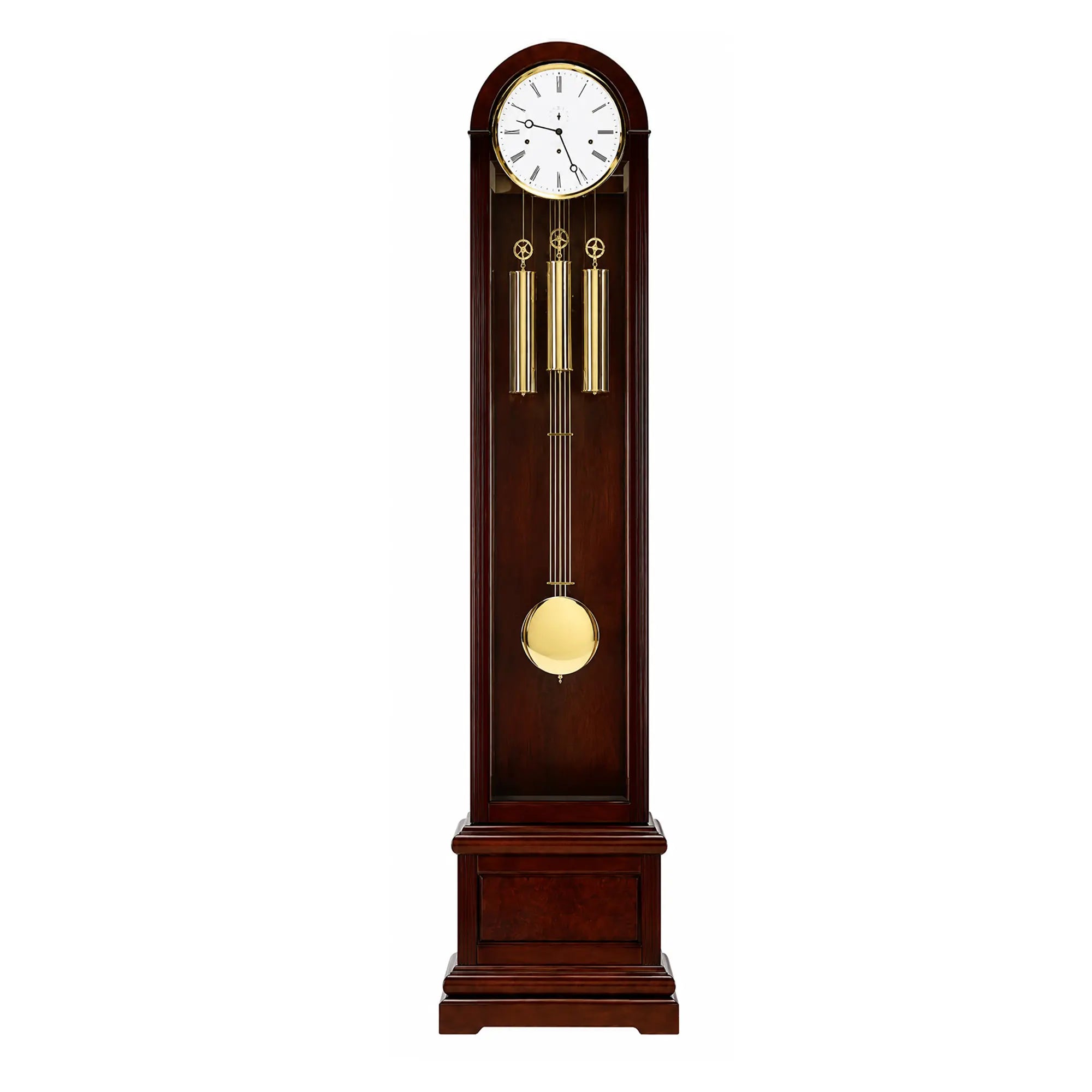 Pendule avec boîtier rond en bois, cadran blanc et barres de percussion dorées
