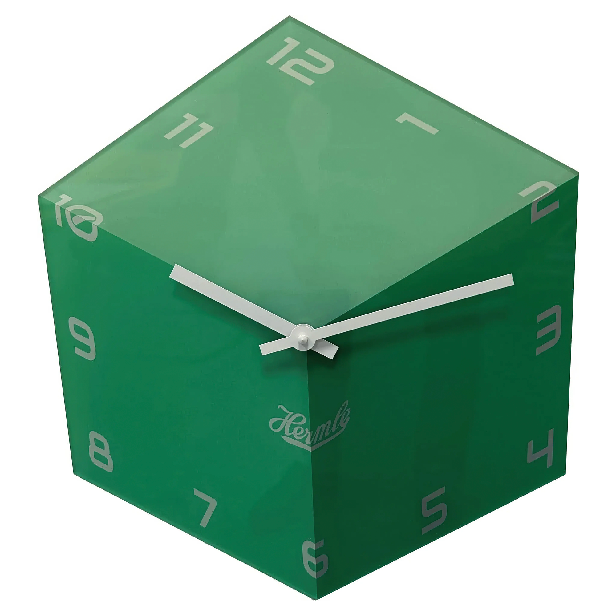 Horloge murale en acrylique en forme de cube vert avec aiguilles et chiffres blancs, logo Hermle