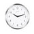 Runde Wanduhr mit weißem Zifferblatt, schwarzen Zeigern, umlaufender Metallumrandung