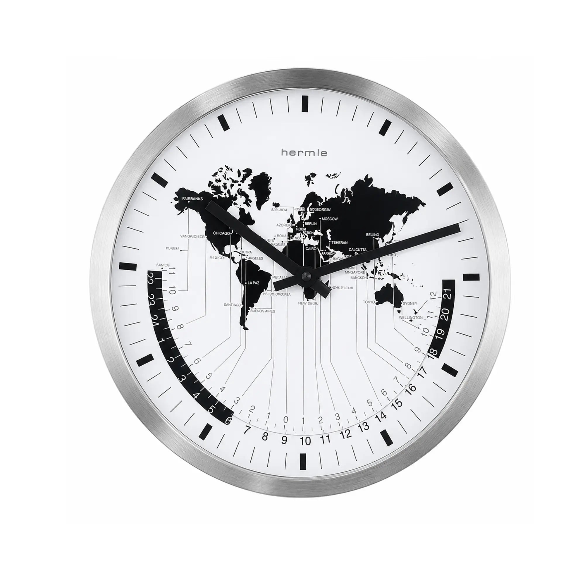 Horloge murale ronde : cadre en métal argenté, cadran blanc, carte du monde noire
