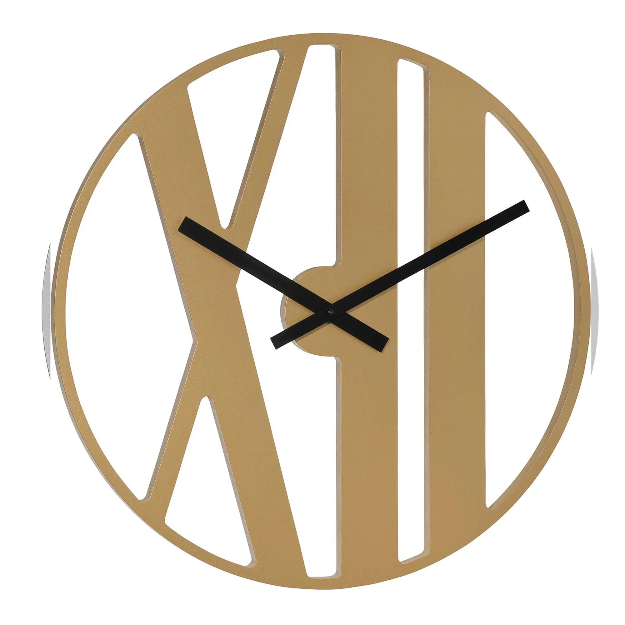 Wanduhr mit rundem Holzrahmen, schwarzen Zeigern und strahlenförmigen Markierungen