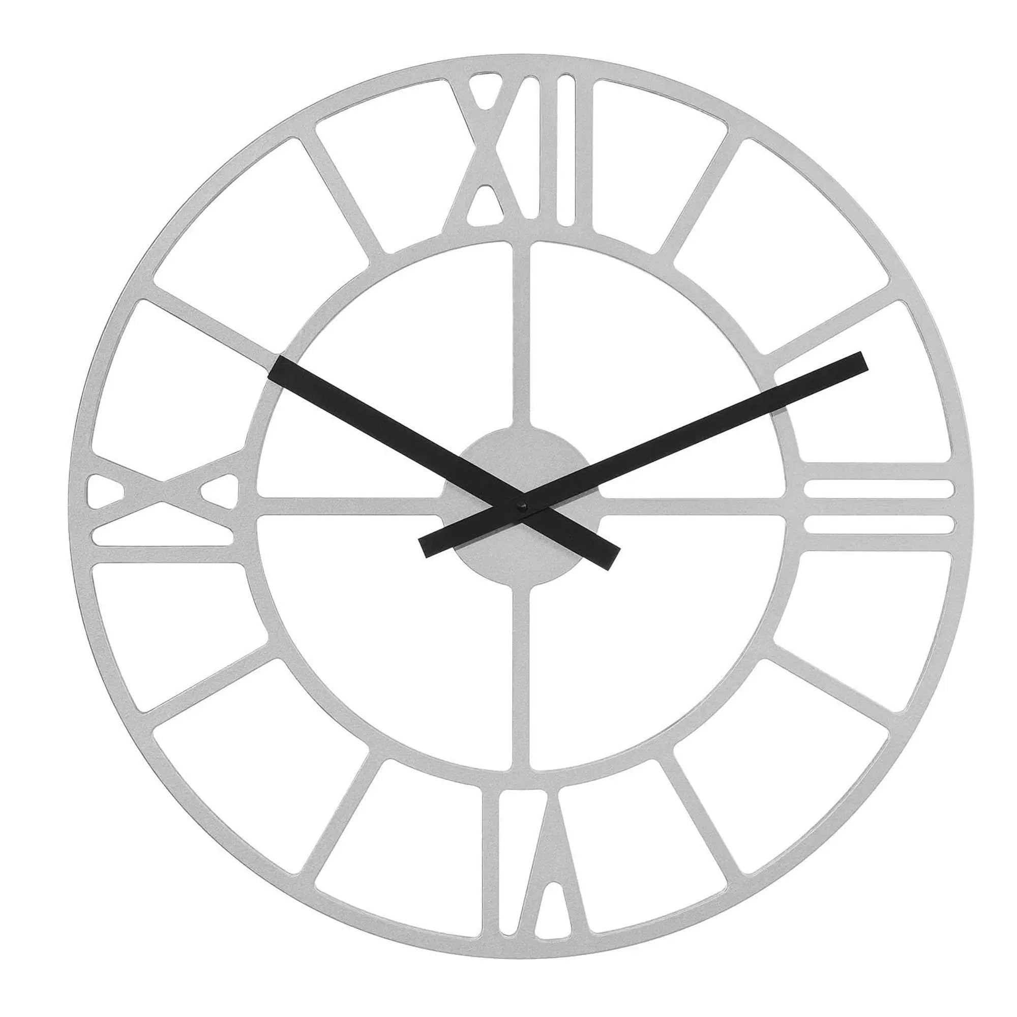 Horloge murale avec cadre métallique ouvert, chiffres romains et aiguilles noires