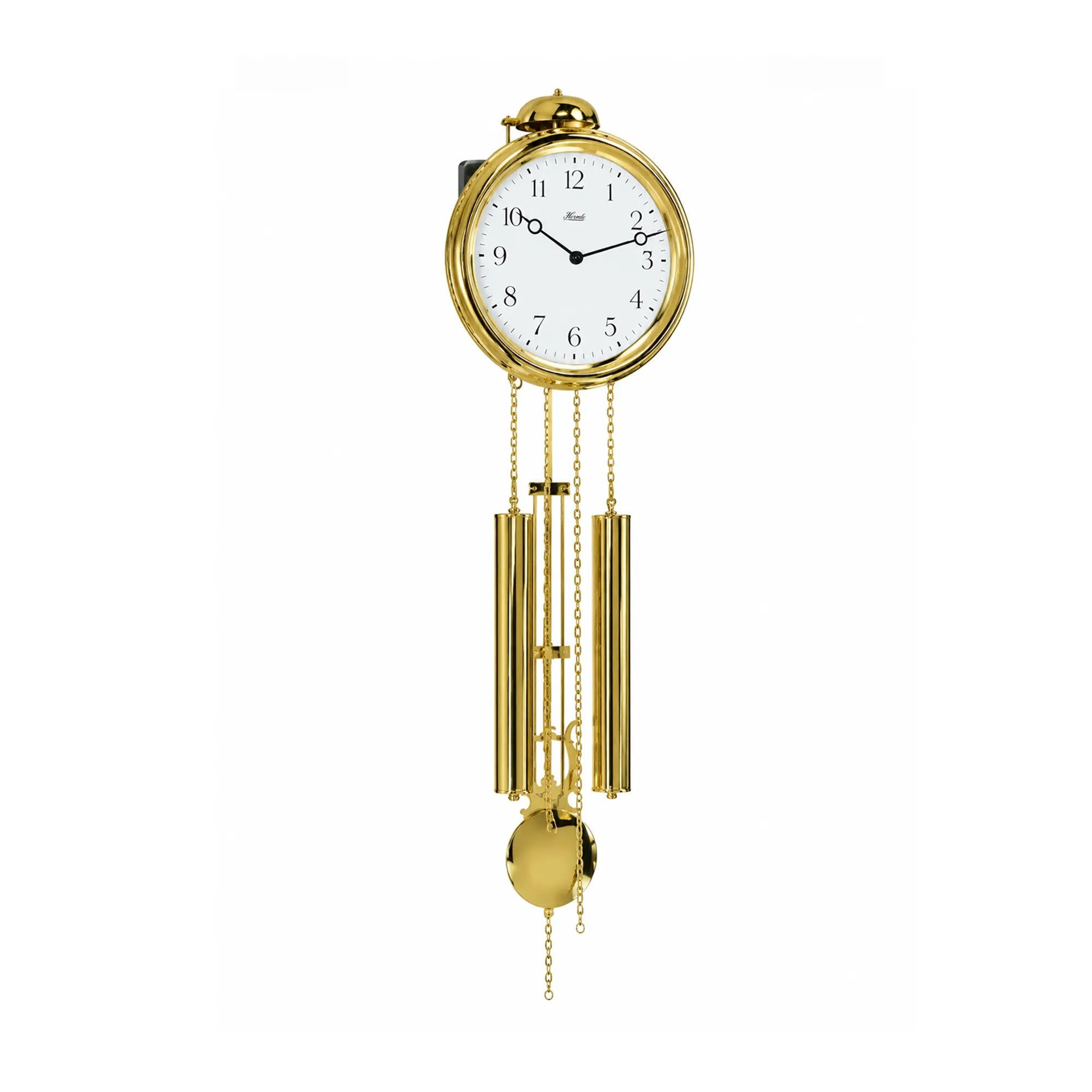 Goldfarbene Wanduhr mit rundem Zifferblatt und Ketten-Glocke