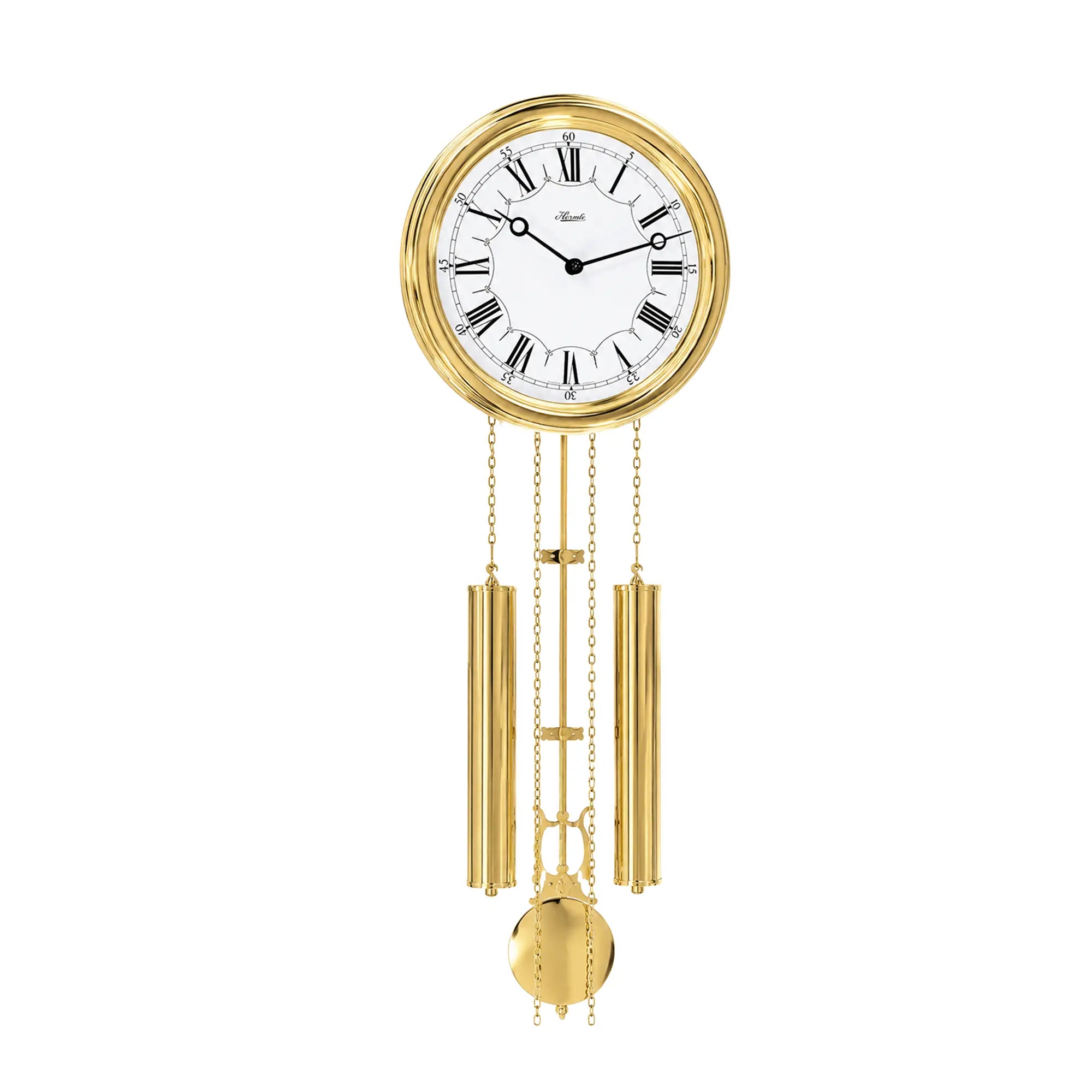 Horloge murale en laiton avec cadran rond et pendule à chaîne dorée, chiffres romains