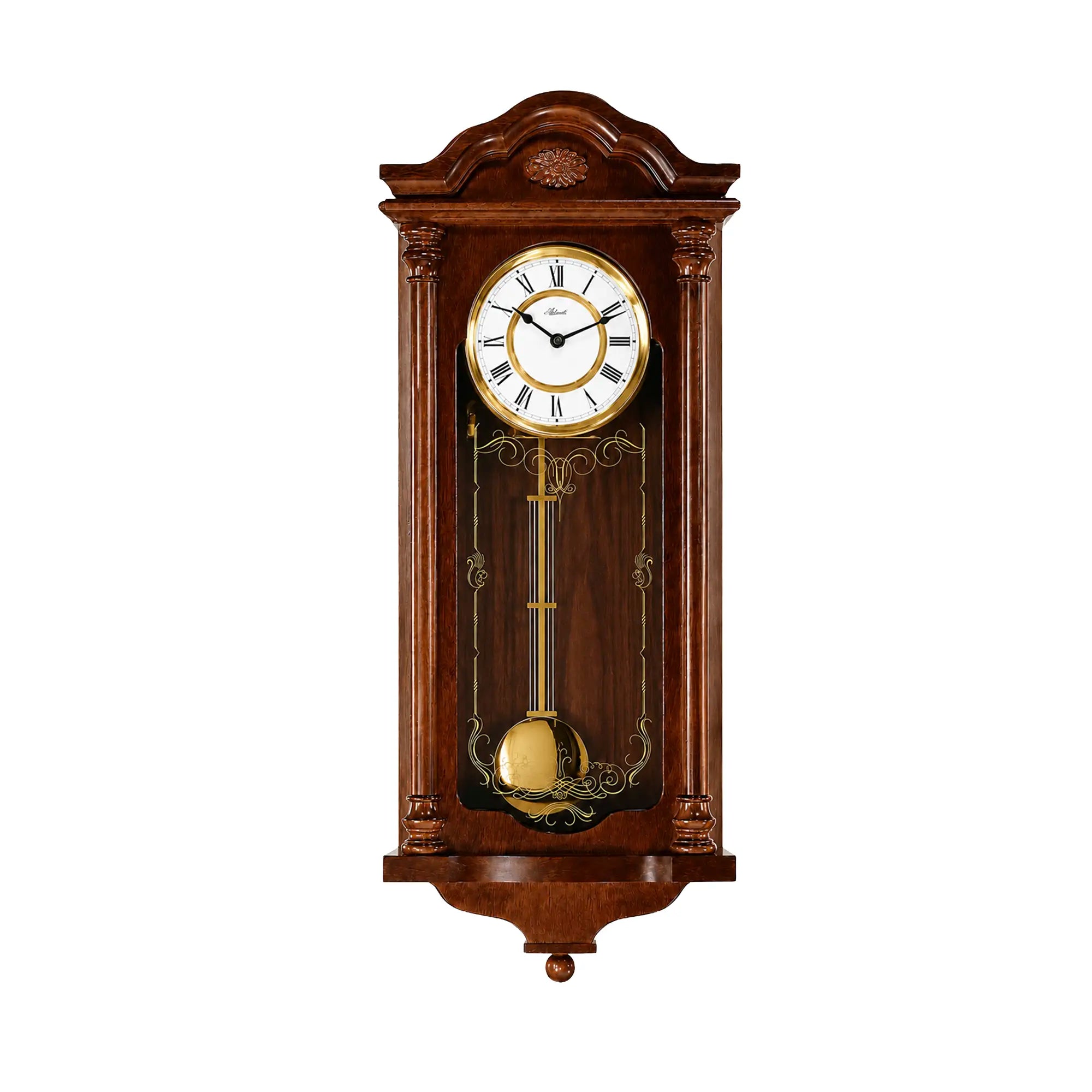 Horloge murale ronde en bois marron avec zone de pendule dorée