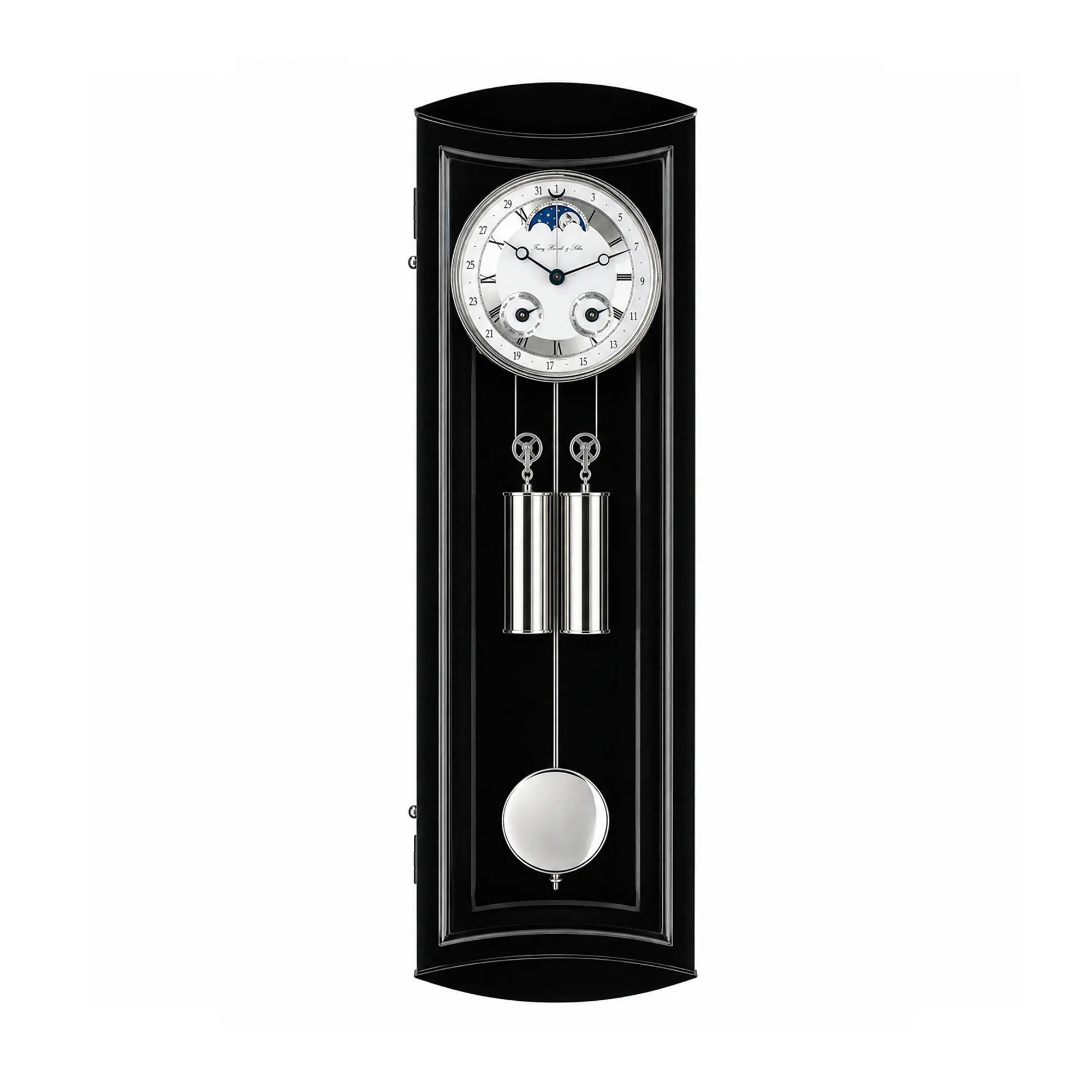 Horloge murale avec boîtier noir, cadran blanc et détail pendule