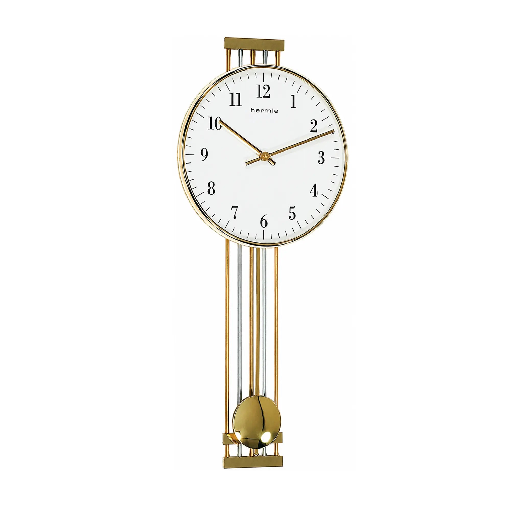 Wanduhr mit rundem goldfarbenem Gehäuse, weißem Zifferblatt und goldenen Pendelstreben.