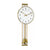 Wanduhr mit rundem goldfarbenem Gehäuse, weißem Zifferblatt und goldenen Pendelstreben.