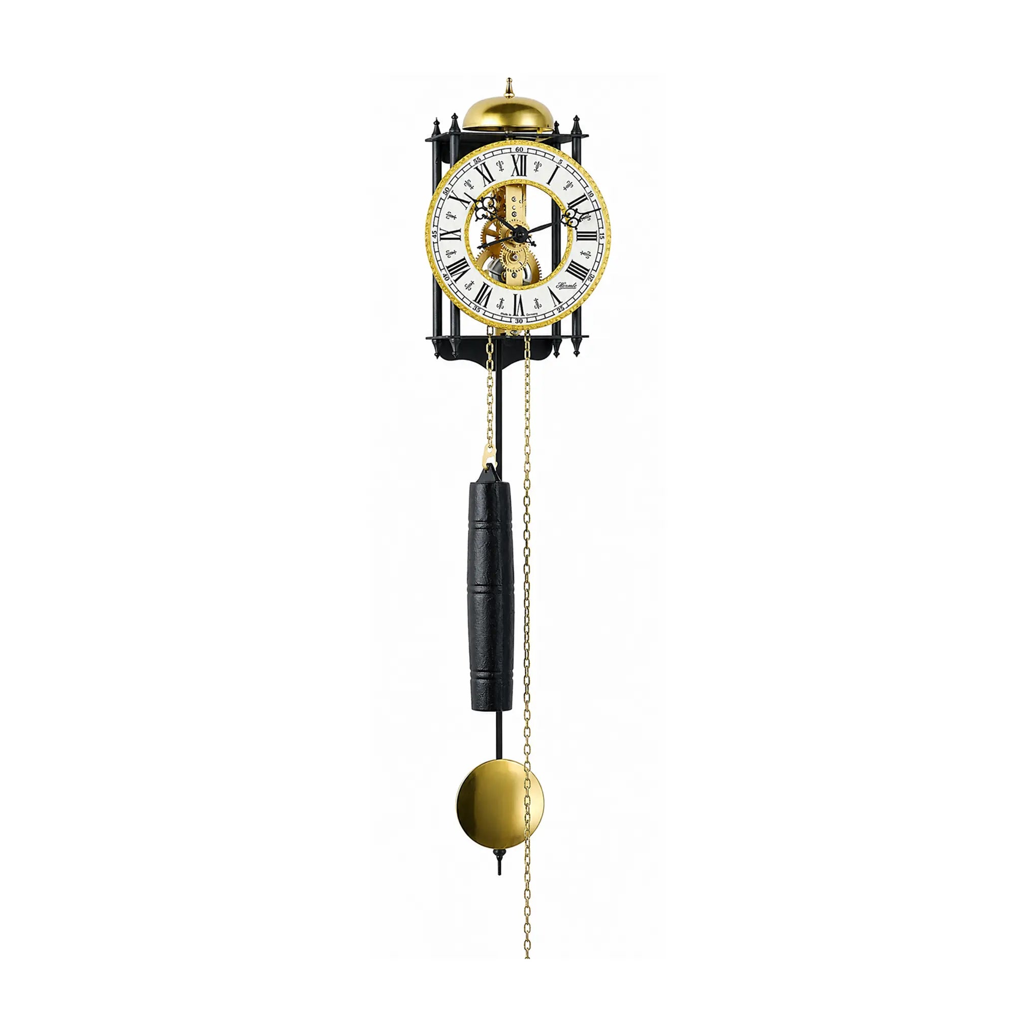 Horloge murale avec façade dorée, pendule noire et entraînement par chaîne sur le cadran