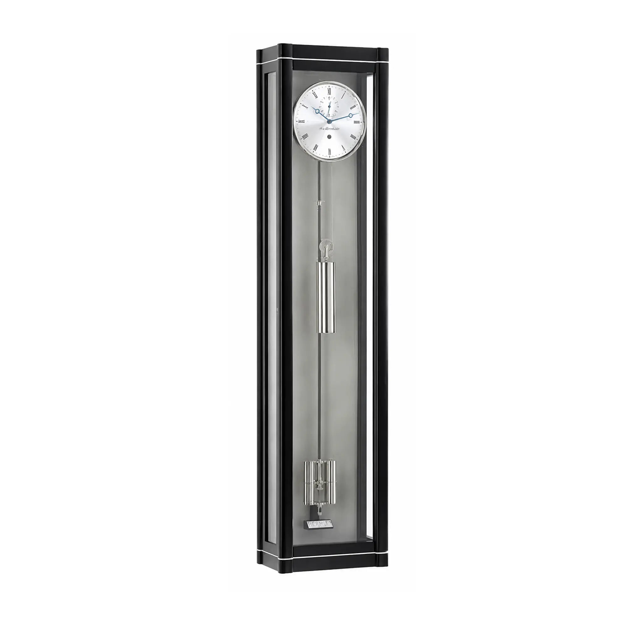 Horloge murale avec cadre noir, cadran rond et pendule visible