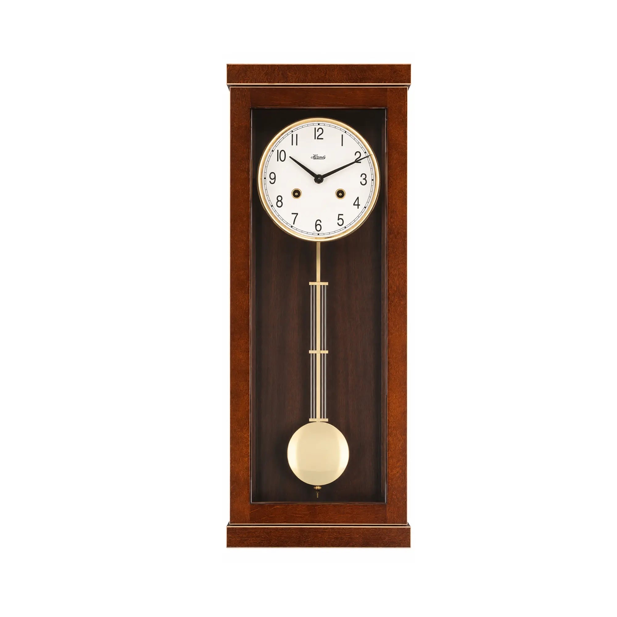 Horloge murale Hermle en bois avec cadran rond et poids de pendule dans une vitre