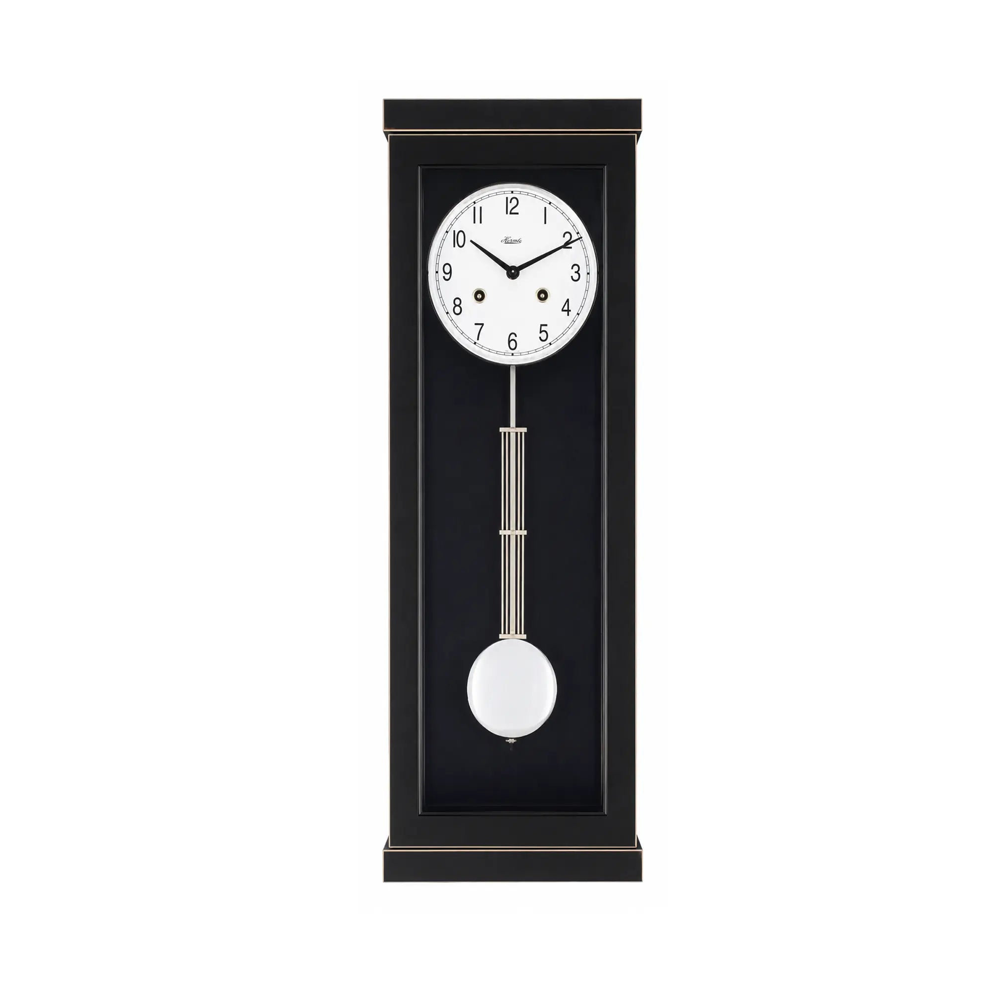 Horloge murale avec boîtier en bois noir, cadran blanc et poids sphérique oscillant
