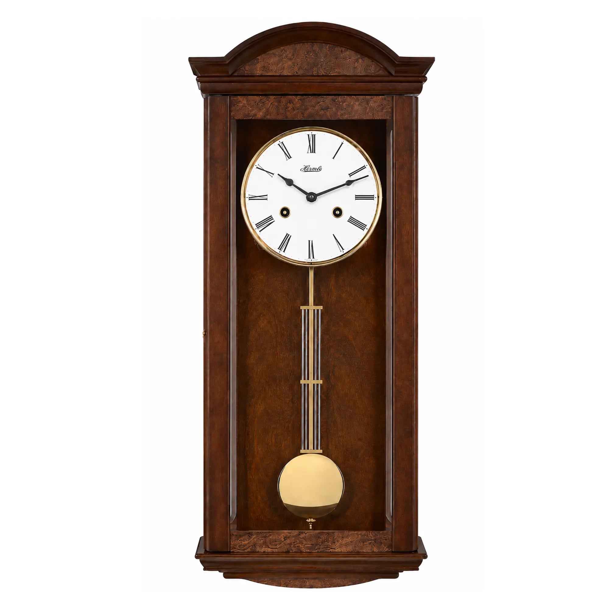 Horloge murale en bois avec cadran rond et tige de pendule dorée