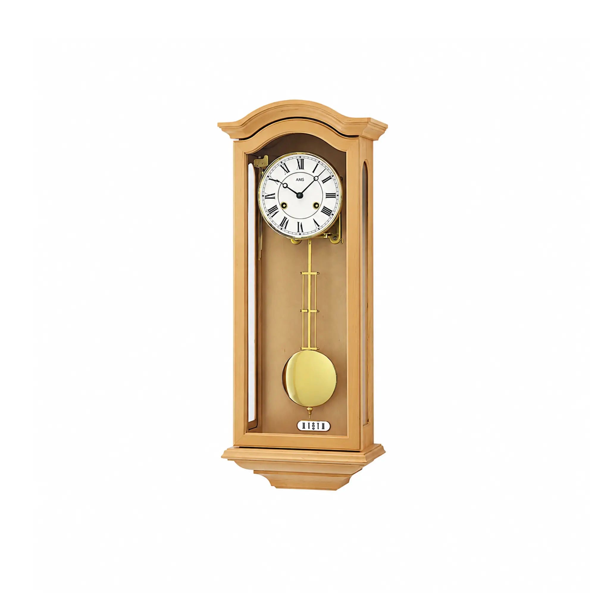 Wanduhr mit hellem Holzgehäuse, rundem Pendel und analoger Uhranzeige