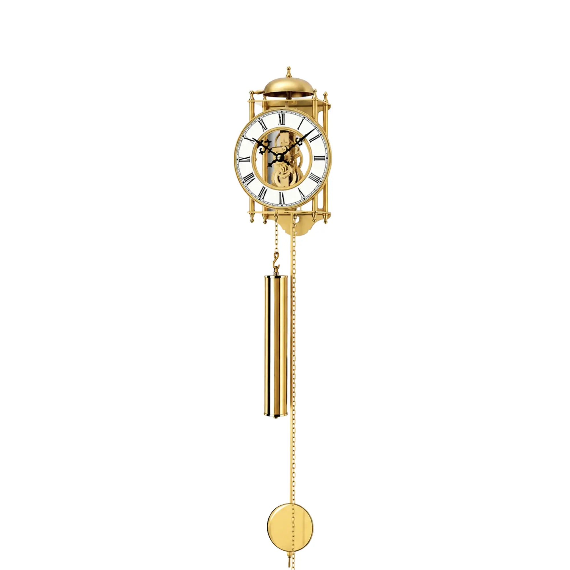 Wanduhr mit goldenem Pendelgewicht und Kettenzug, rundes Ziffernblatt vorne