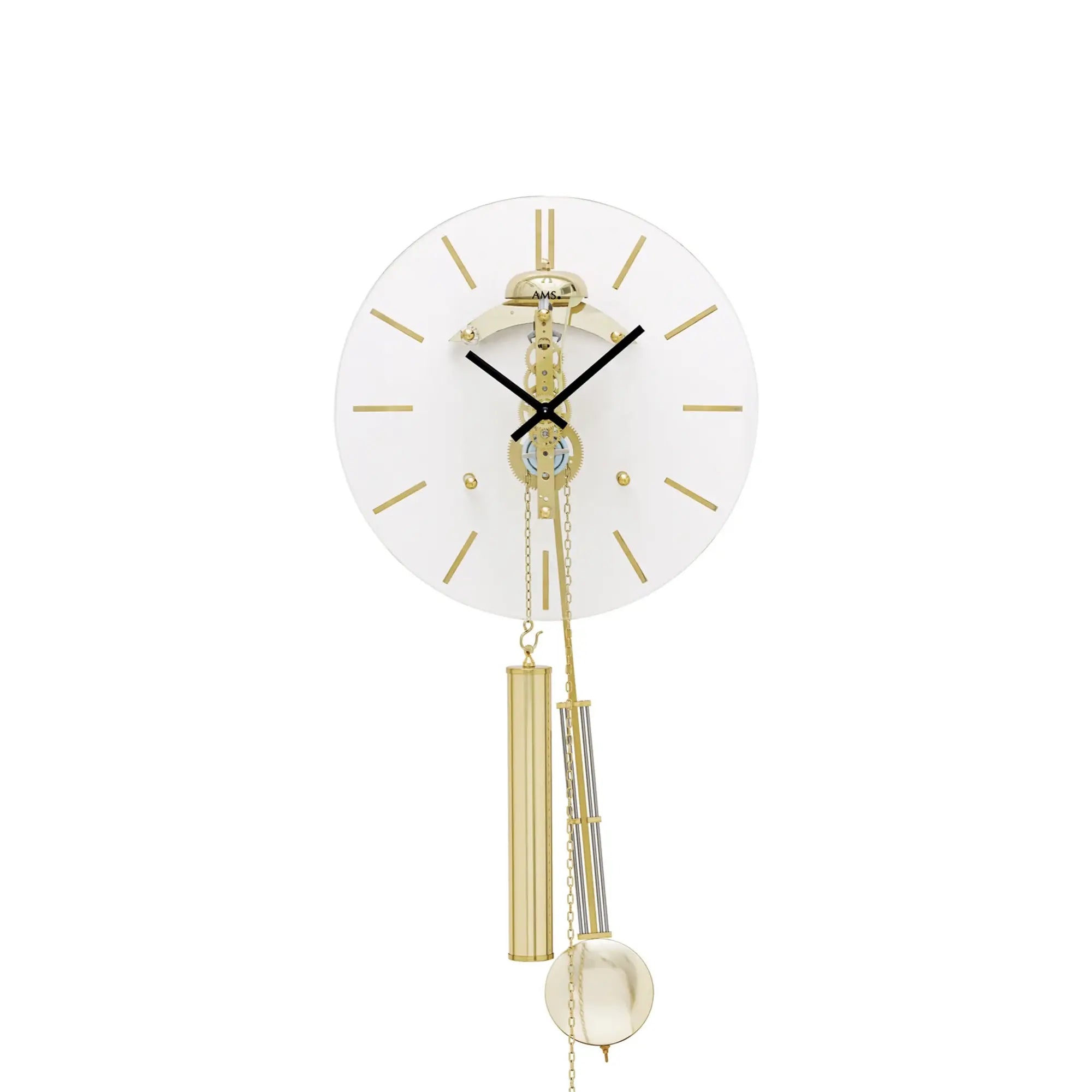 Standuhr-Zifferblatt mit goldfarbenem Uhrwerk und Pendelglocke