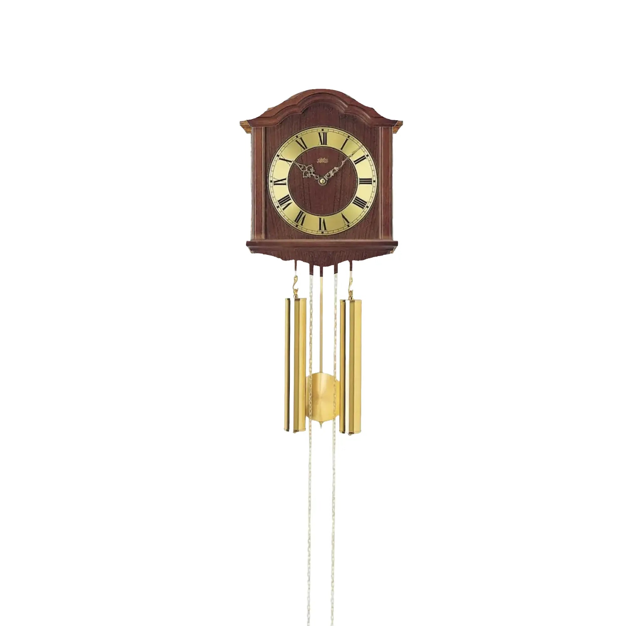 AMS Heimuhr-Wanduhr im Holzgehäuse mit rundem Ziffernblatt, goldene Zinkel und Ketten