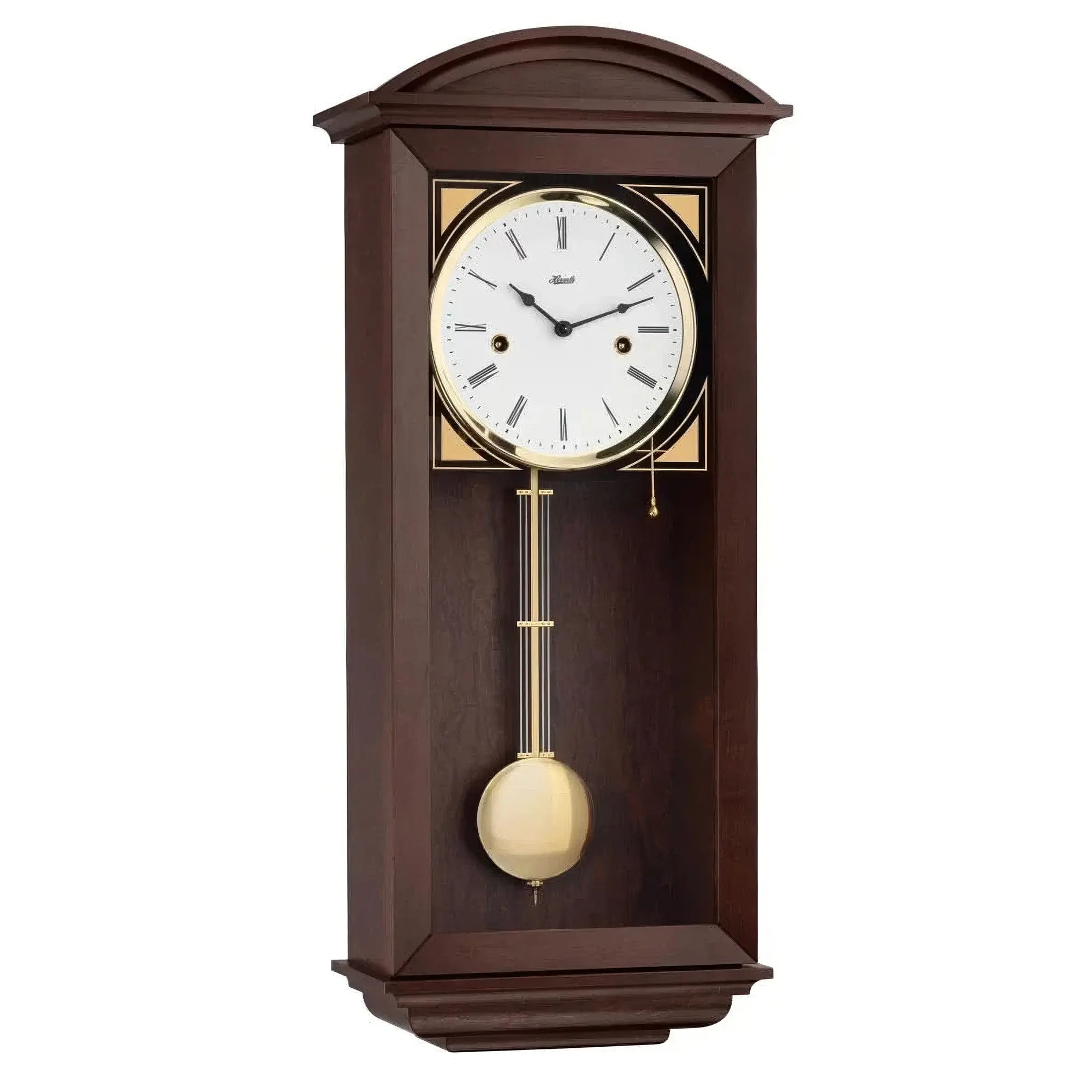 Horloge murale en bois avec cadran blanc, chiffres romains et pendule dorée