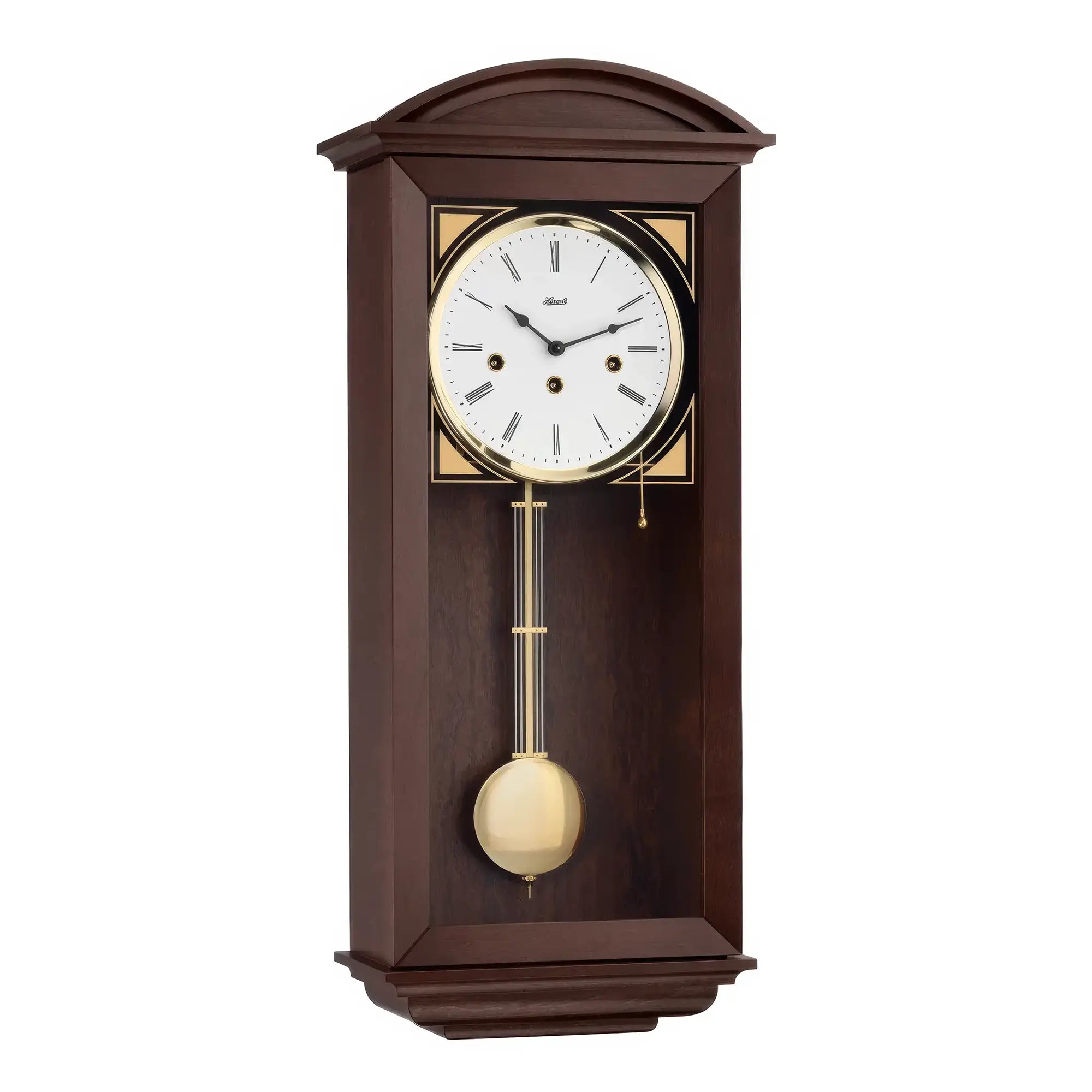 Horloge murale en bois brun foncé avec cadran rond et pendule