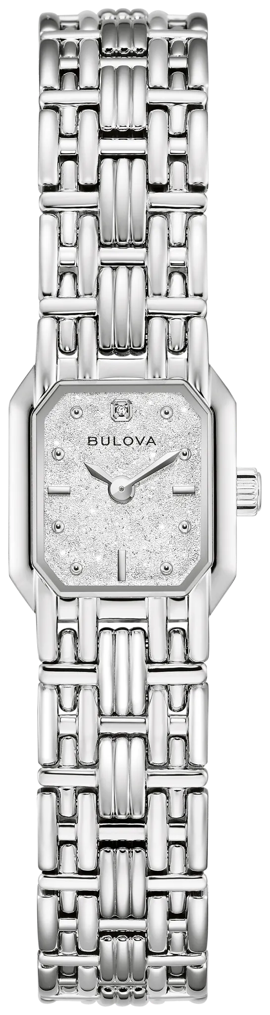 Damenarmbanduhr Bulova mit silbernem Edelstahlband und rechteckigem Zifferblatt