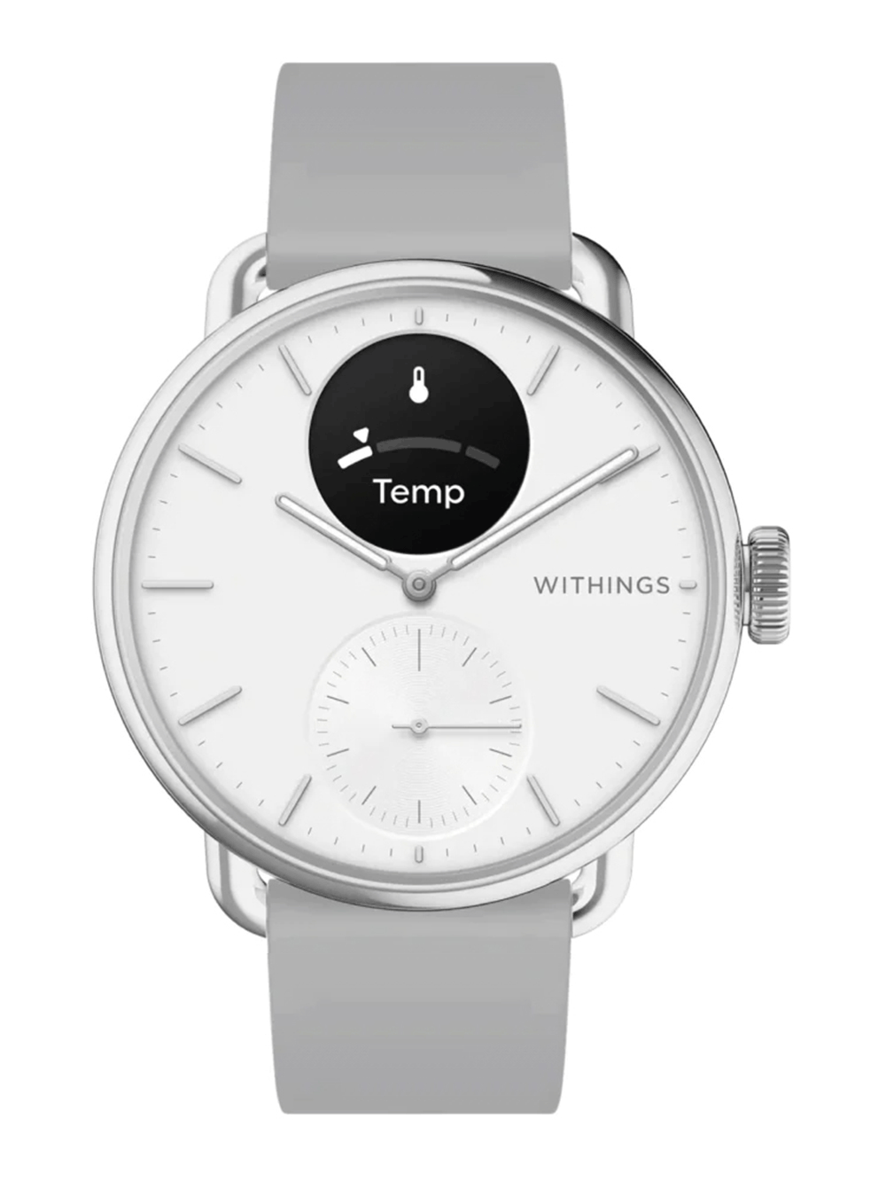 Hybrid-Smartwatch mit silbernem Gehäuse und grauem Silikonarmband, Zifferblatt „Temp“