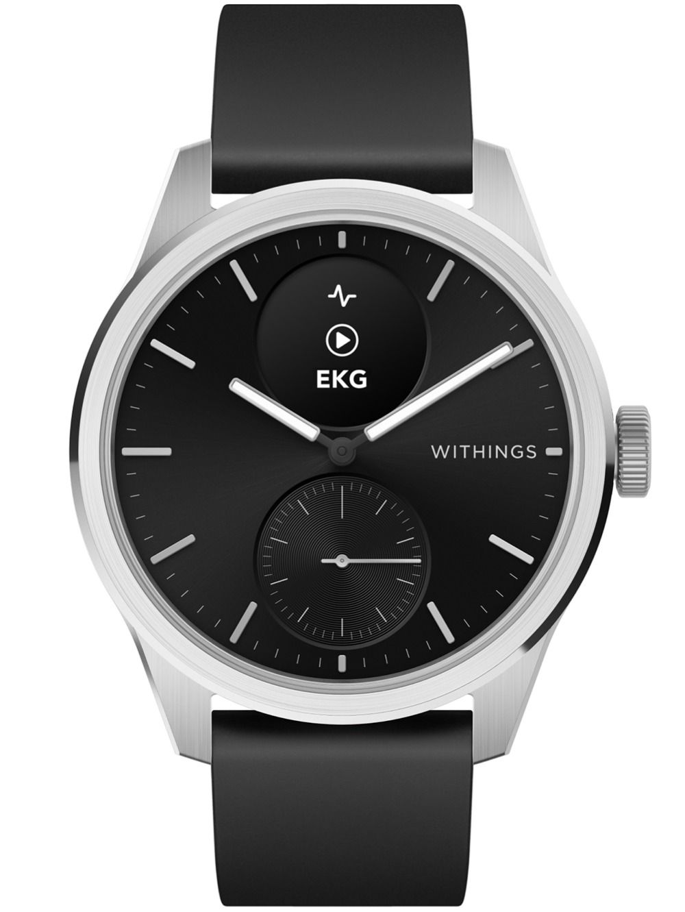 Hybrid-Smartwatch mit schwarzem Zifferblatt, schwarzem Silikonarmband und Edelstahlgehäuse.