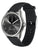 Hybrid-Smartwatch mit Edelstahlgehäuse und schwarzem Silikonarmband, seitliche Ansicht.