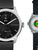 Hybrid-Smartwatch mit schwarzem Zifferblatt und Edelstahlgehäuse, neben abgebildetem Display.