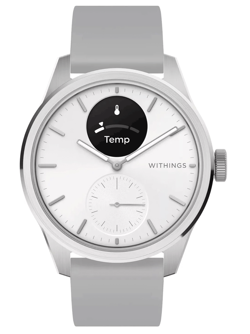 Silberne Hybrid-Smartwatch mit grauem Silikonarmband und rundem Zifferblatt