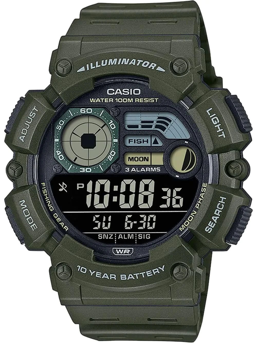 Montre Casio pour homme avec cadran numérique, bracelet vert foncé et boutons