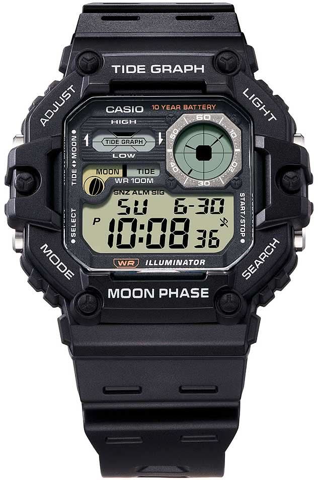 Montre Casio pour homme avec affichage numérique, boîtier et bracelet noirs, données lunaires et de marée