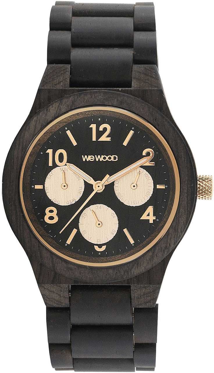 Montre en bois pour femme avec boîtier en bois foncé, bracelet à maillons noirs et cadran chronographe