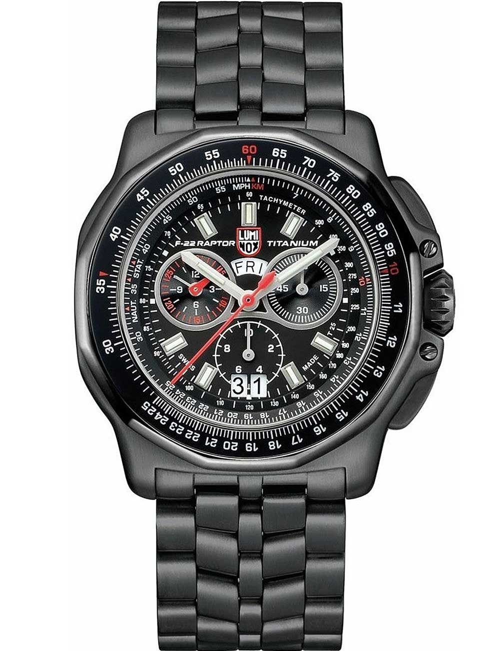 Herren-Chronographenarmbanduhr mit schwarzem Zifferblatt, Metallband und Tachymeterskala
